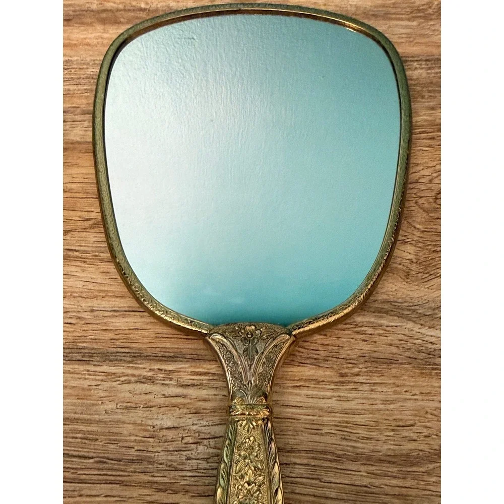 Vintage 1950s Gold Vanity Hand Mirror & Hairbrush Set Coquette Princess Core
